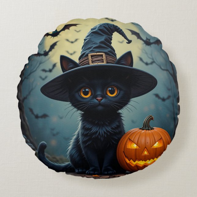 Adorable Black Cat Wear Hexenhut Rundes Kissen (Vorderseite)