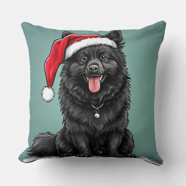 Adorable Black Dog Wear Weihnachtsmannmütze Kissen (Vorderseite)