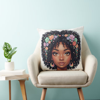 Adorable Black Girl W/ Flower Crown Afro Kissen