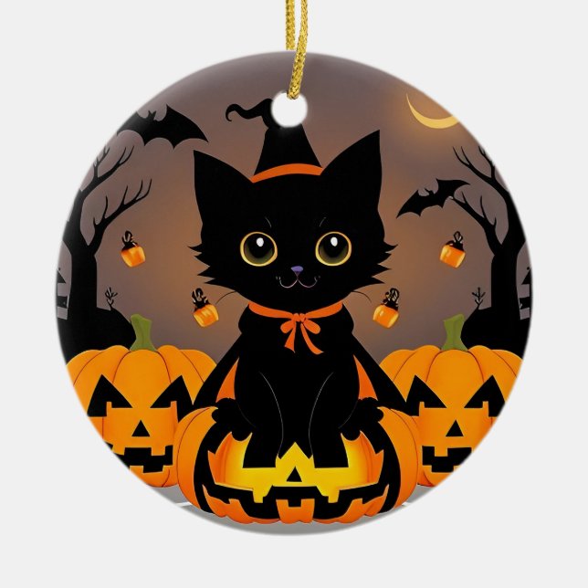 Adorable Black Kitten in Hexenhut Keramik Ornament (Vorne)