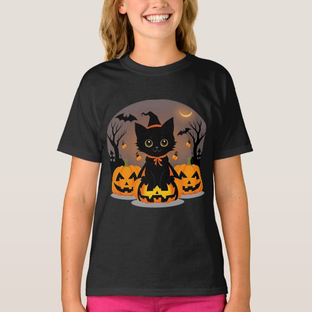 Adorable Black Kitten in Hexenhut T-Shirt (Vorderseite)