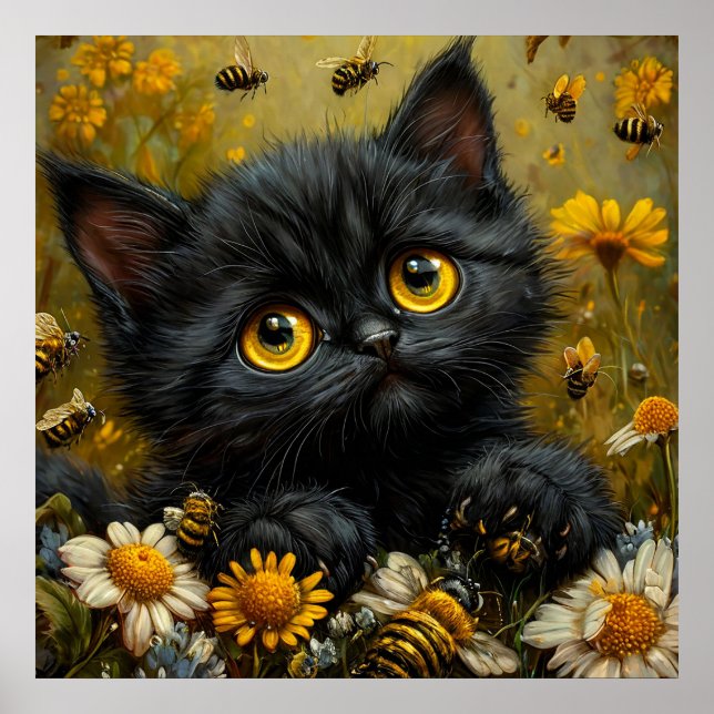Adorable Black Kitten unter Blume Poster (Vorne)