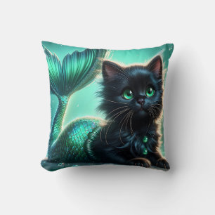 "Adorable Black Mermaid Kitten with Green Eyes" Kissen