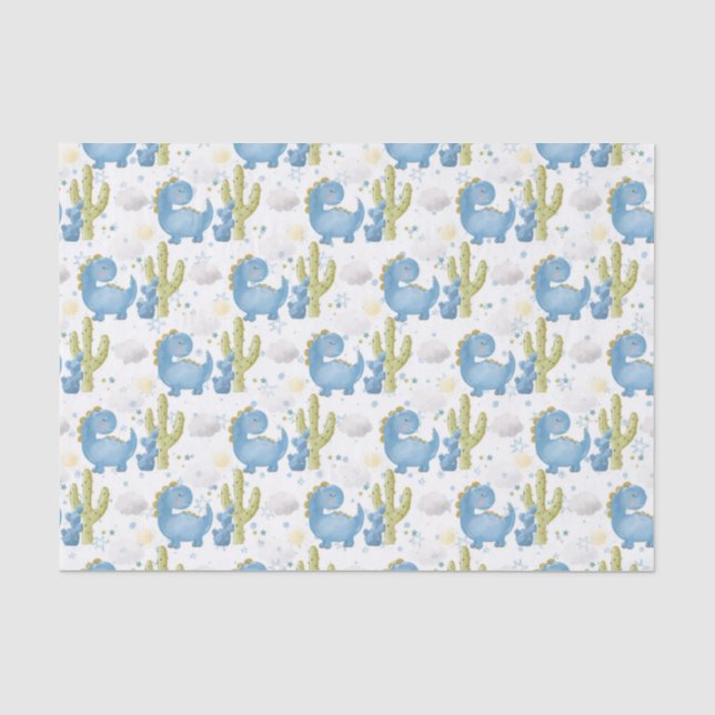 ADORABLE BLAUE DINOSAURS & GREEN CACTUS SEIDENPAPIER (Vorderseite)
