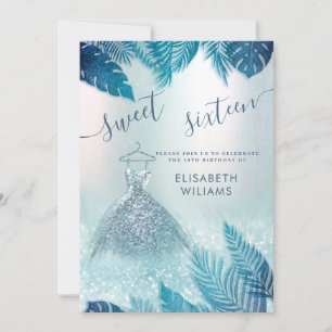Adorable blaue tropische Blätter Glitzer süß 16 Einladung