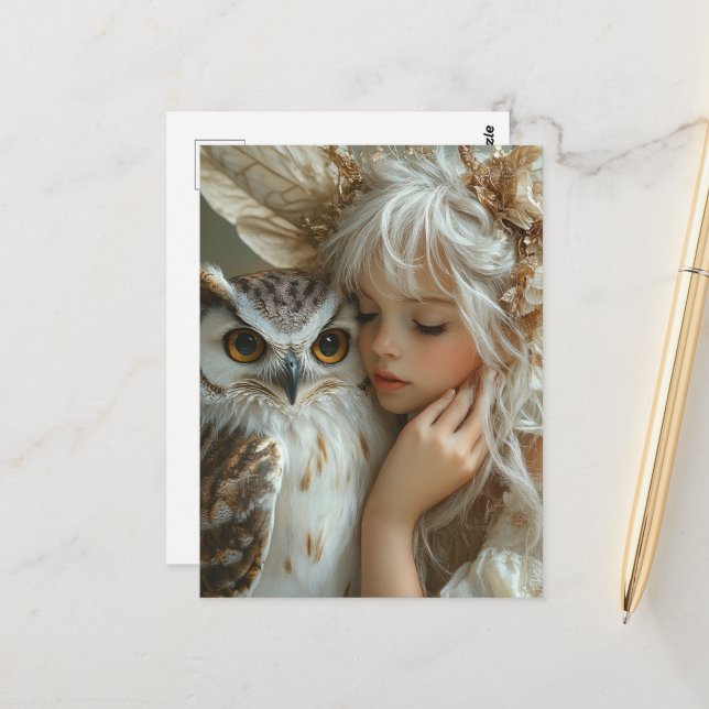 Adorable Blond Fairy and Owl Postkarte (Vorderseite/Rückseite Beispiel)