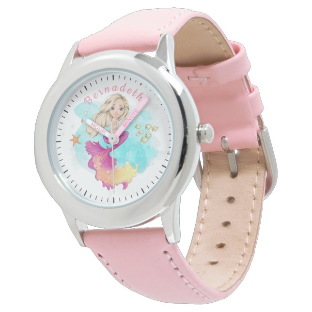 Adorable Blonde Ocean Mermaid PInk Girl's Armbanduhr (Schrägansicht)