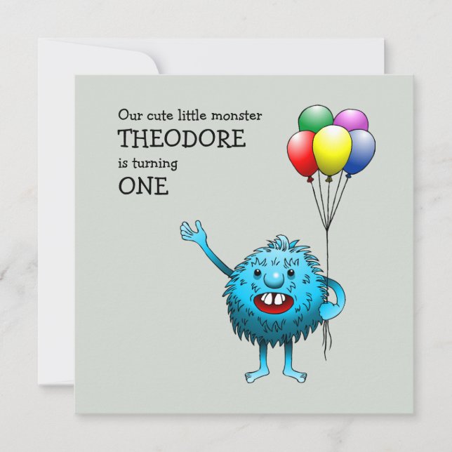 Adorable Blue Creature mit Balloons Einladung (Vorderseite)