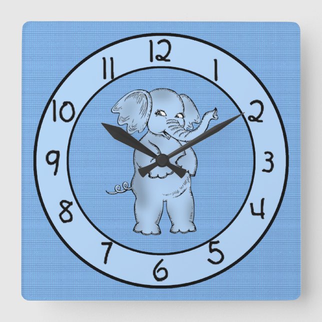 Adorable Blue Elephant Wall Clock für Jungen Quadratische Wanduhr (Vorderseite)