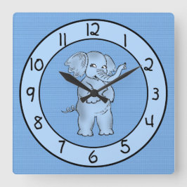 Adorable Blue Elephant Wall Clock für Jungen Quadratische Wanduhr