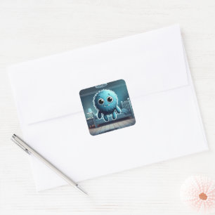 Adorable Blue Fluffy Creature Quadratischer Aufkleber