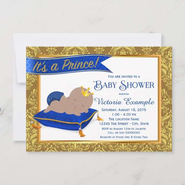 Adorable Blue Gold Ethnic Prince Baby Dusche Einladung (Vorderseite)