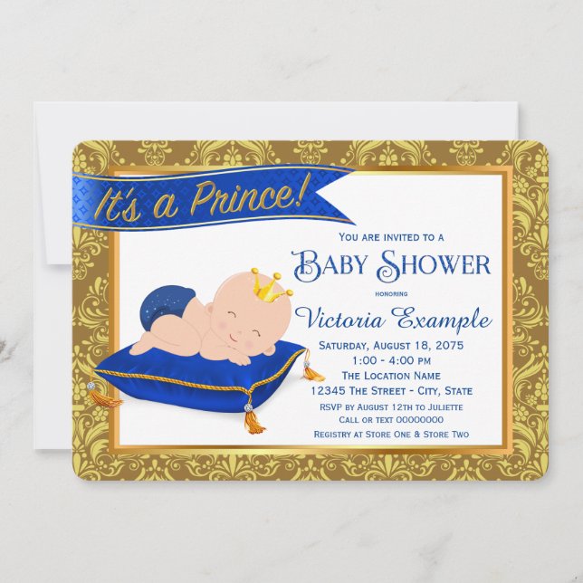 Adorable Blue Gold Prince Baby Dusche Einladungen (Vorderseite)