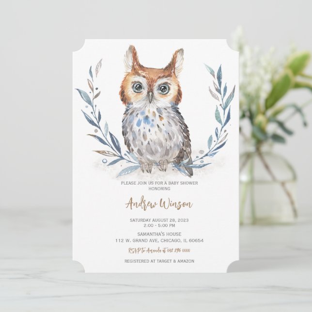 Adorable Blue Owl Baby Dusche Einladung (Stehend Vorderseite)