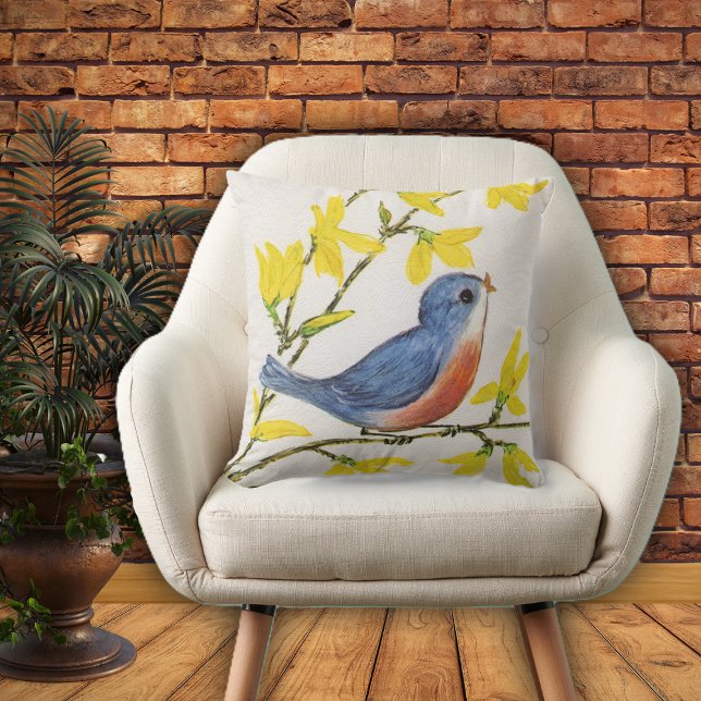 Adorable Blue Red Singing Bird Gelbe Blumen Kissen (Cute blue red singing bird on branch with yellow flowers on textured look white home decor pillow.)