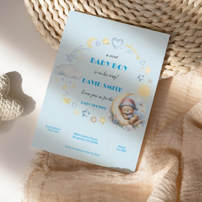 Adorable Blue Stars und Mondschläfer Teddy Bären Einladung (Von Creator hochgeladen)