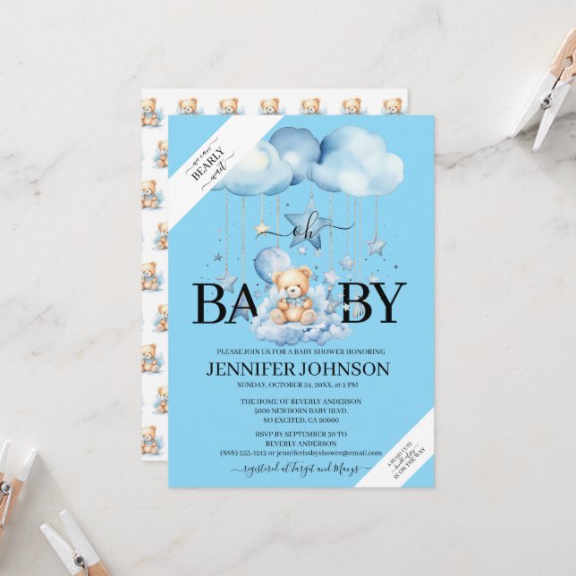 Adorable Blue Watercolor Teddy Bear Baby Dusche Einladung (Vorderseite/Rückseite Beispiel)