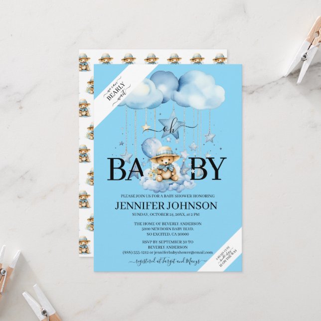 Adorable Blue Watercolor Teddy Bear Baby Dusche Einladung (Vorderseite/Rückseite Beispiel)