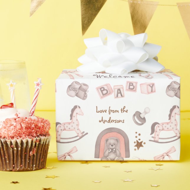 Adorable Blush Brown Begrüßungsbaby Geschenkpapier (Geburtstagsparty)