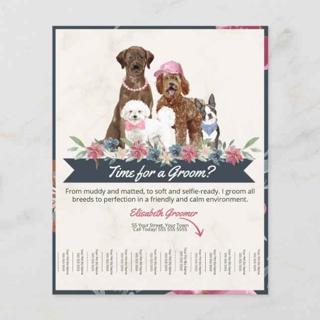 Adorable Blütenhund Groomer Tear Sheet Flyer (Vorne)