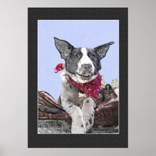 Adorable Border Collie Heeler Mix Dog Sketch Poster