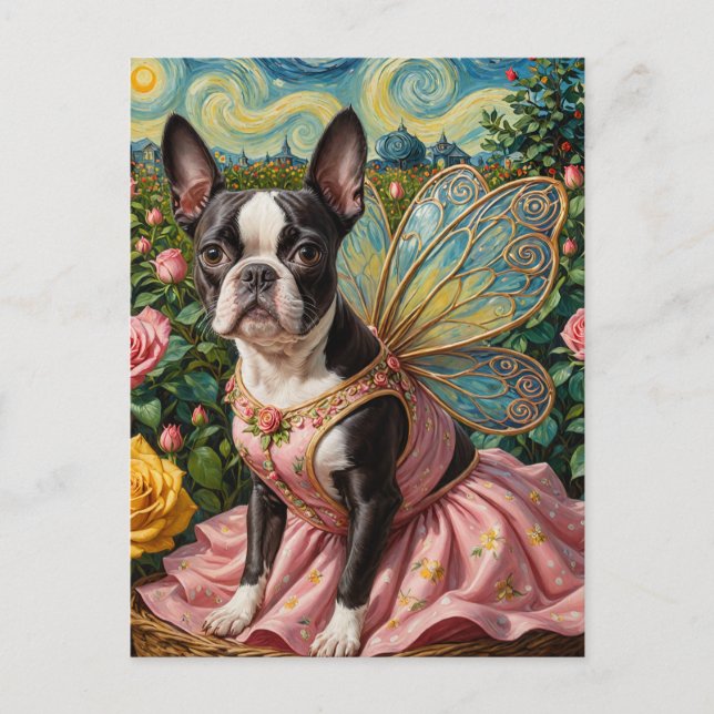 Adorable Boston Terrier Faia im Rose Garden Postkarte (Vorderseite)