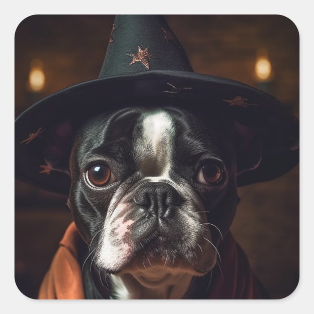 Adorable Boston Terrier Hexe Quadratischer Aufkleber (Vorderseite)