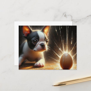 Adorable Boston Terrier Puppy Broken Egg Postkarte