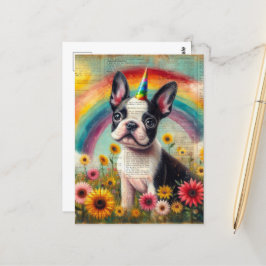 Adorable Boston Terrier Unicorn Puppy Collage Postkarte