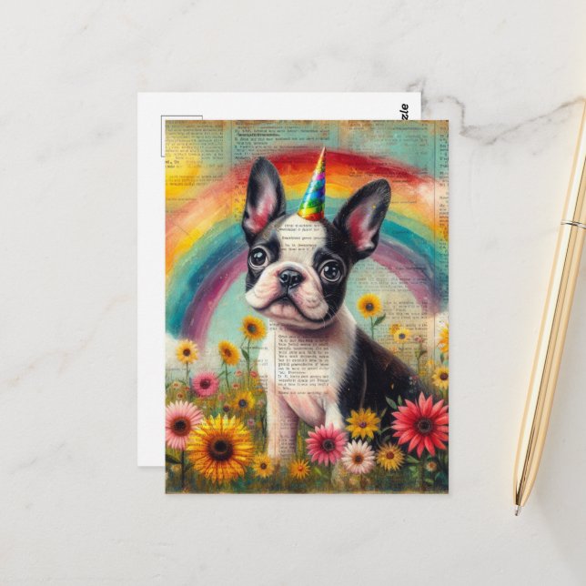 Adorable Boston Terrier Unicorn Puppy Collage Postkarte (Vorderseite/Rückseite Beispiel)
