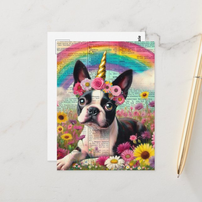Adorable Boston Terrier Unicorn Puppy Wildblumen Postkarte (Vorderseite/Rückseite Beispiel)