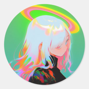 Adorable Bright Neon Halo Anime Girl Runder Aufkleber