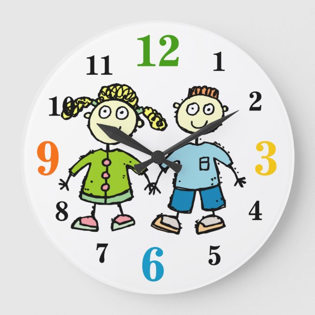 Adorable Brother & Sister Kids Drawing Wall Clock Große Wanduhr (Vorderseite)