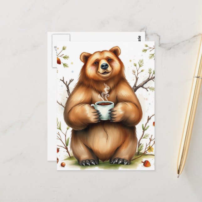 Adorable Brown Bear and a Coffee Postkarte (Vorderseite/Rückseite Beispiel)