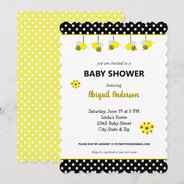 Adorable Bumble Bee Baby shower Invitation (Devant / Derrière)