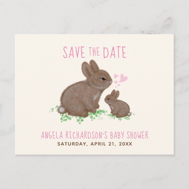Adorable Bunnies Girl Babydusche Save the Date Ankündigungspostkarte (Vorderseite)
