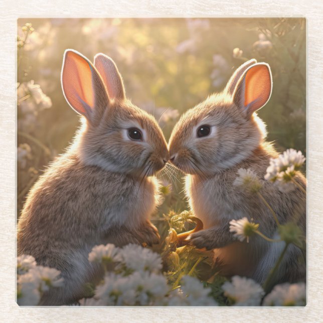 Adorable Bunnies im Frühlingswiese-Design Glasuntersetzer (Vorderseite)