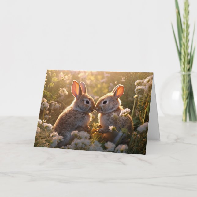 Adorable Bunnies im Frühlingswiese-Design Karte (Vorderseite)