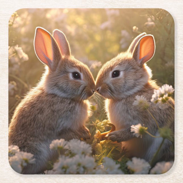 Adorable Bunnies im Frühlingswiese-Design Rechteckiger Pappuntersetzer (Vorderseite)