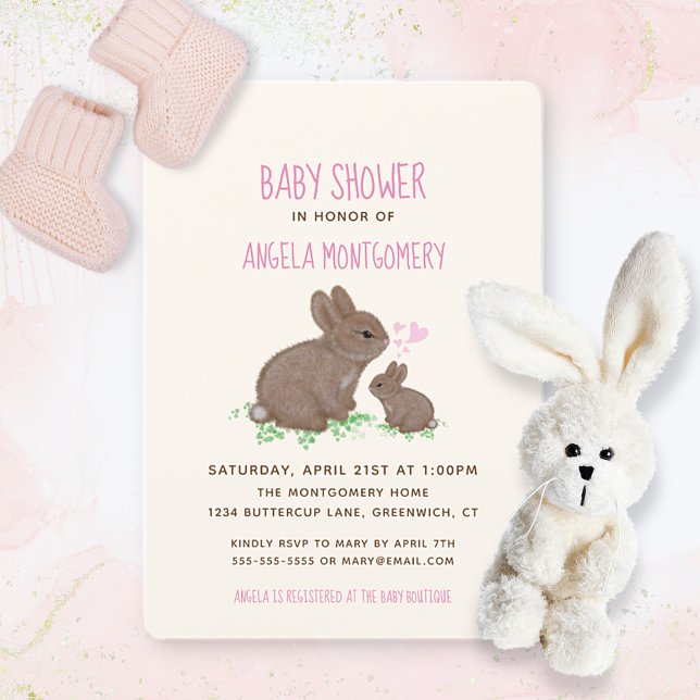 Adorable Bunnies mit Hearts Girl Babydusche Einladung (Von Creator hochgeladen)