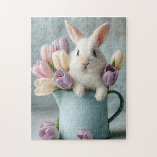 Adorable Bunny Peeking von einem Pitcher des Tulip