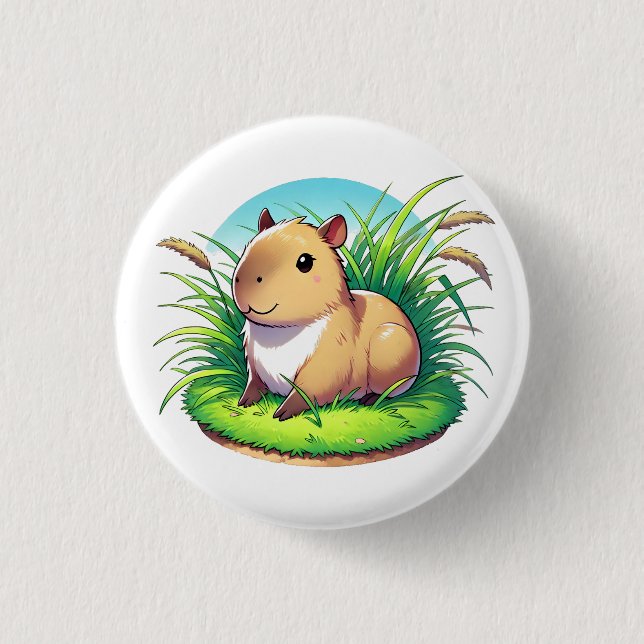 Adorable Capybara sitzt in einem großen Grasfläche Button (Vorderseite)
