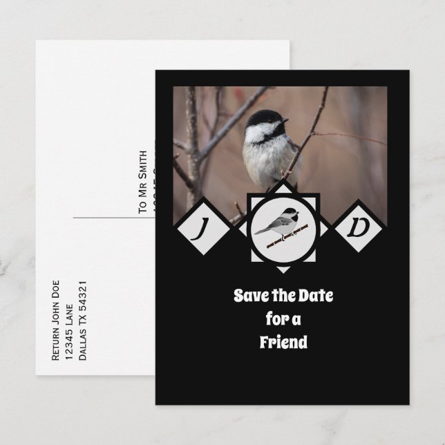 Adorable Carolina Chickadee Monogramm Foto Einladungspostkarte (Vorne/Hinten)