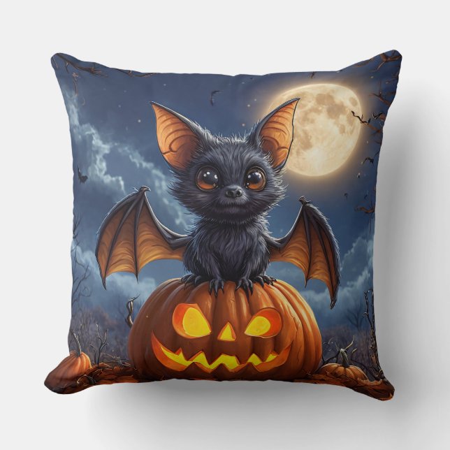 Adorable Cartoon Bat Auf Jack-o'-Lantern Kissen (Vorderseite)