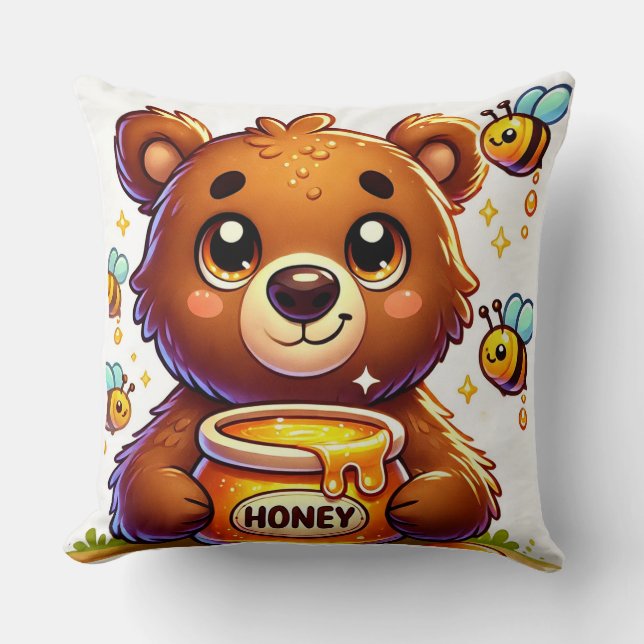 Adorable Cartoon Bear Holding Honey Jar Kissen (Vorderseite)