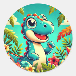 Adorable Cartoon Dinosaurier Amidst Vibrannt Tropi Runder Aufkleber