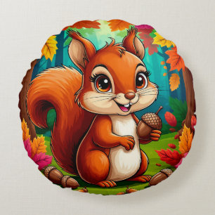 Adorable Cartoon Eichhörnchenfigur im Wald Rundes Kissen