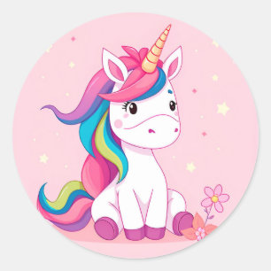 Adorable Cartoon Einhorn mit Regenbogenmane Runder Aufkleber