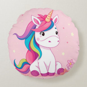Adorable Cartoon Einhorn mit Regenbogenmane Rundes Kissen