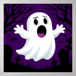 Adorable Cartoon Ghost in Spooky Halloween Poster